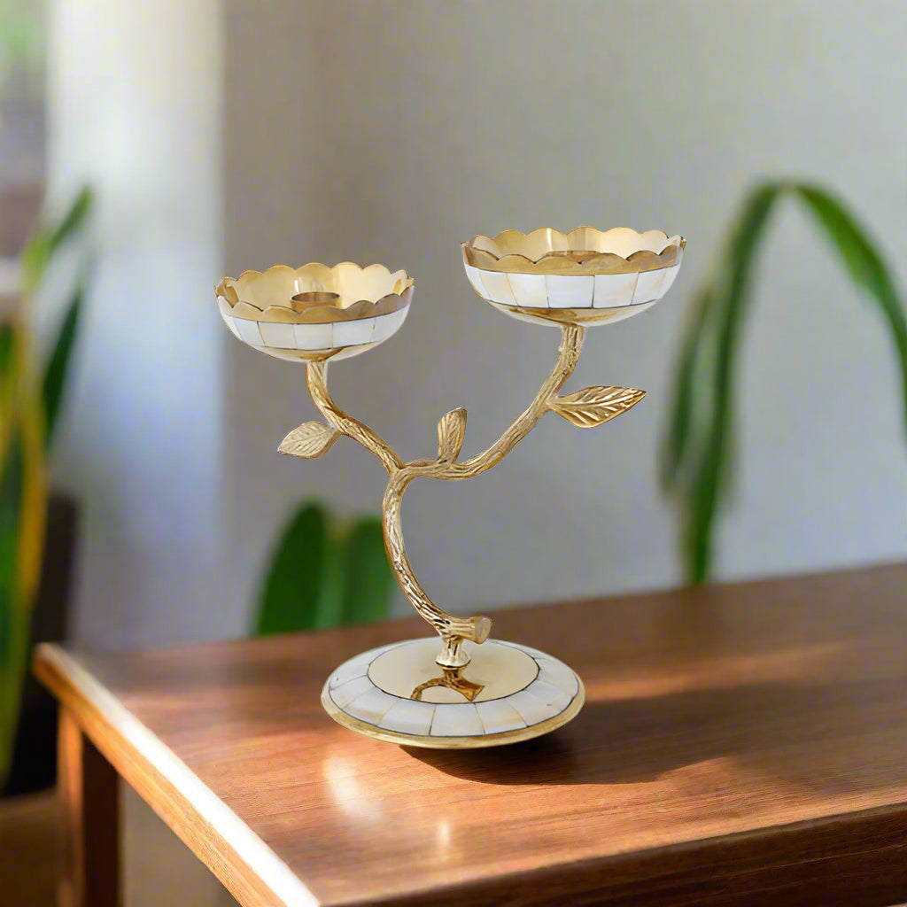 Luxurious Gold & Silver Brass Double Flower Candle Holder-ArtyCraftz.com