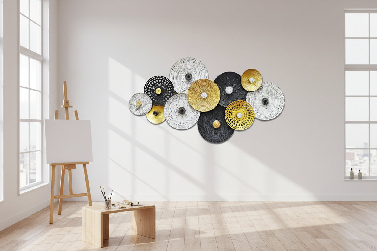 Luxury Black White Gold Circular Metal Wall Art-ArtyCraftz.com