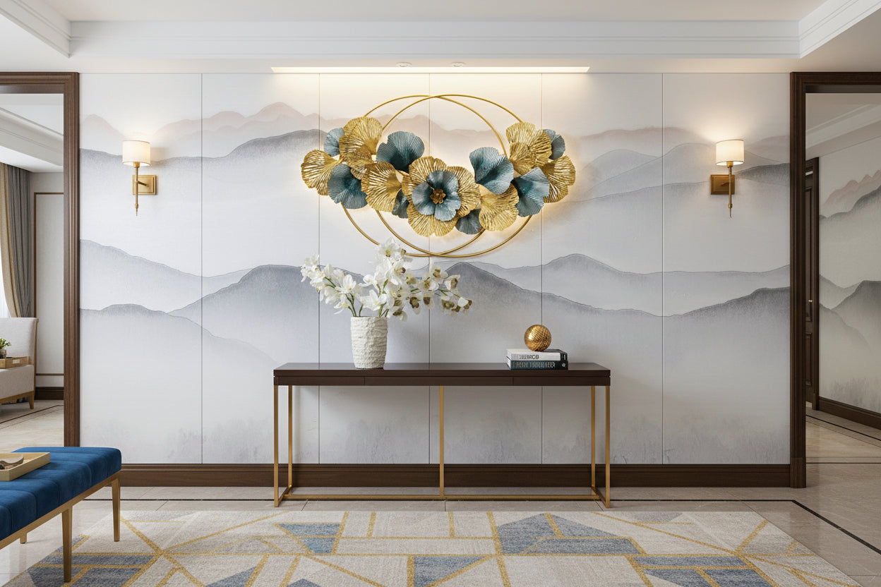Luxury Gold Blue Floral Metal Wall Art with Circular Frame- ArtyCraftz.com
