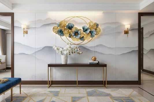 Luxury Gold Blue Floral Metal Wall Art with Circular Frame- ArtyCraftz.com