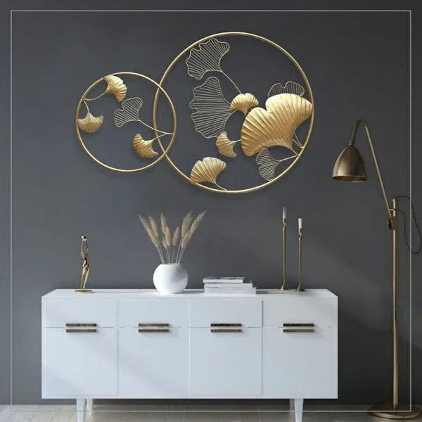 Luxury Gold Ginkgo Leaf Metal Wall Art with Dual Circular Frame - ArtyCraftz.com
