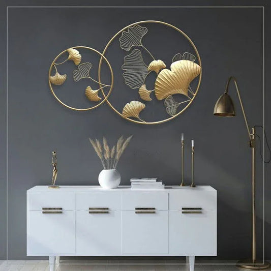 Luxury Gold Ginkgo Leaf Metal Wall Art with Dual Circular Frame - ArtyCraftz.com