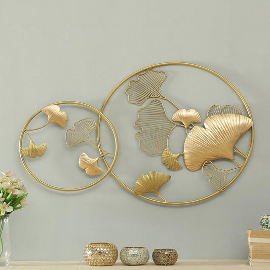 Luxury Gold Ginkgo Leaf Metal Wall Art with Dual Circular Frame - ArtyCraftz.com