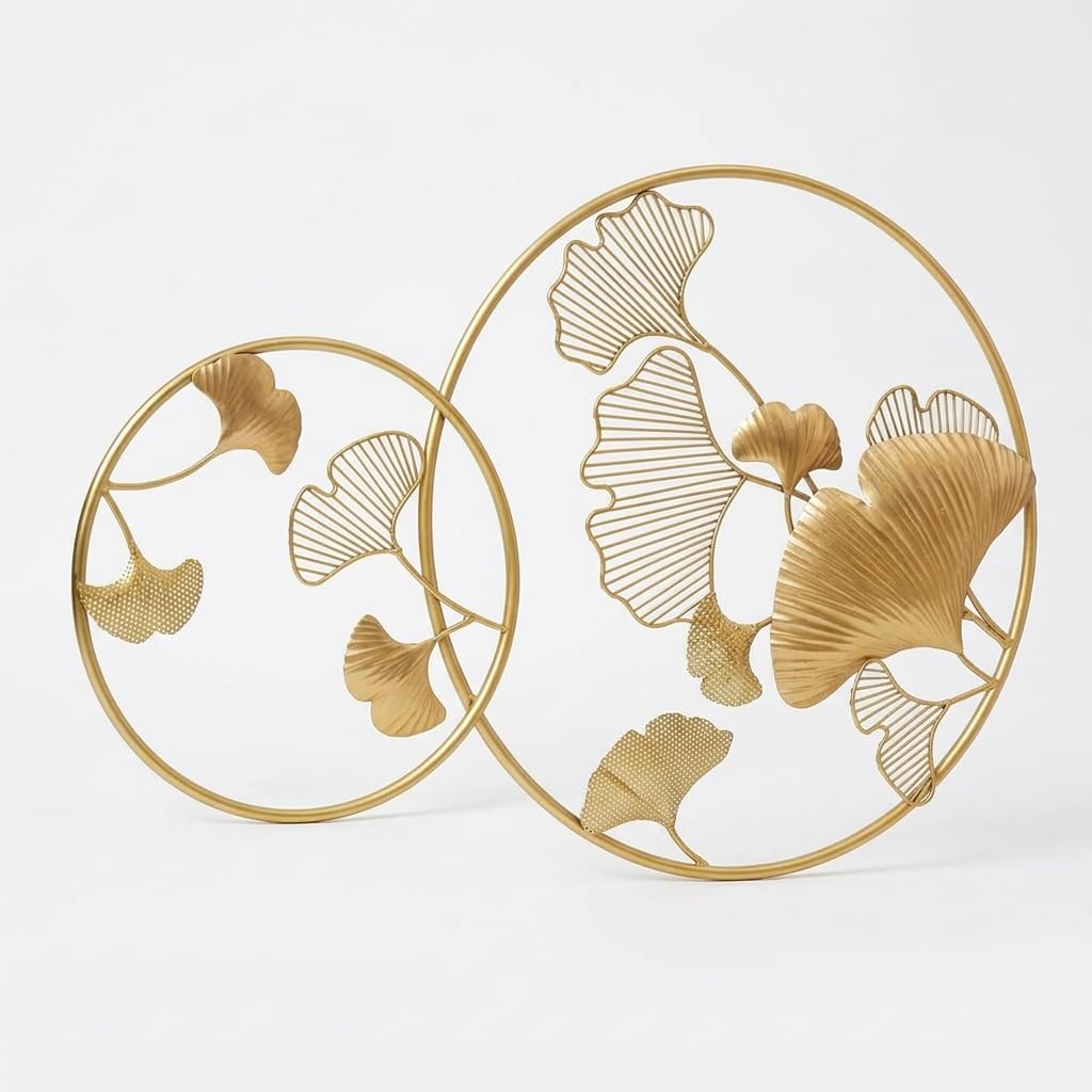 Luxury Gold Ginkgo Leaf Metal Wall Art with Dual Circular Frame - ArtyCraftz.com