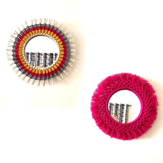 Macrame Cotton Wall Round Mirror-  Red Small - ArtyCraftz.com