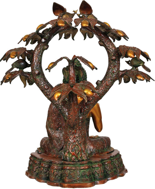 Majestic Brass Vitark Mudra Buddha Under Birds & Tree Statue-ArtyCraftz.com