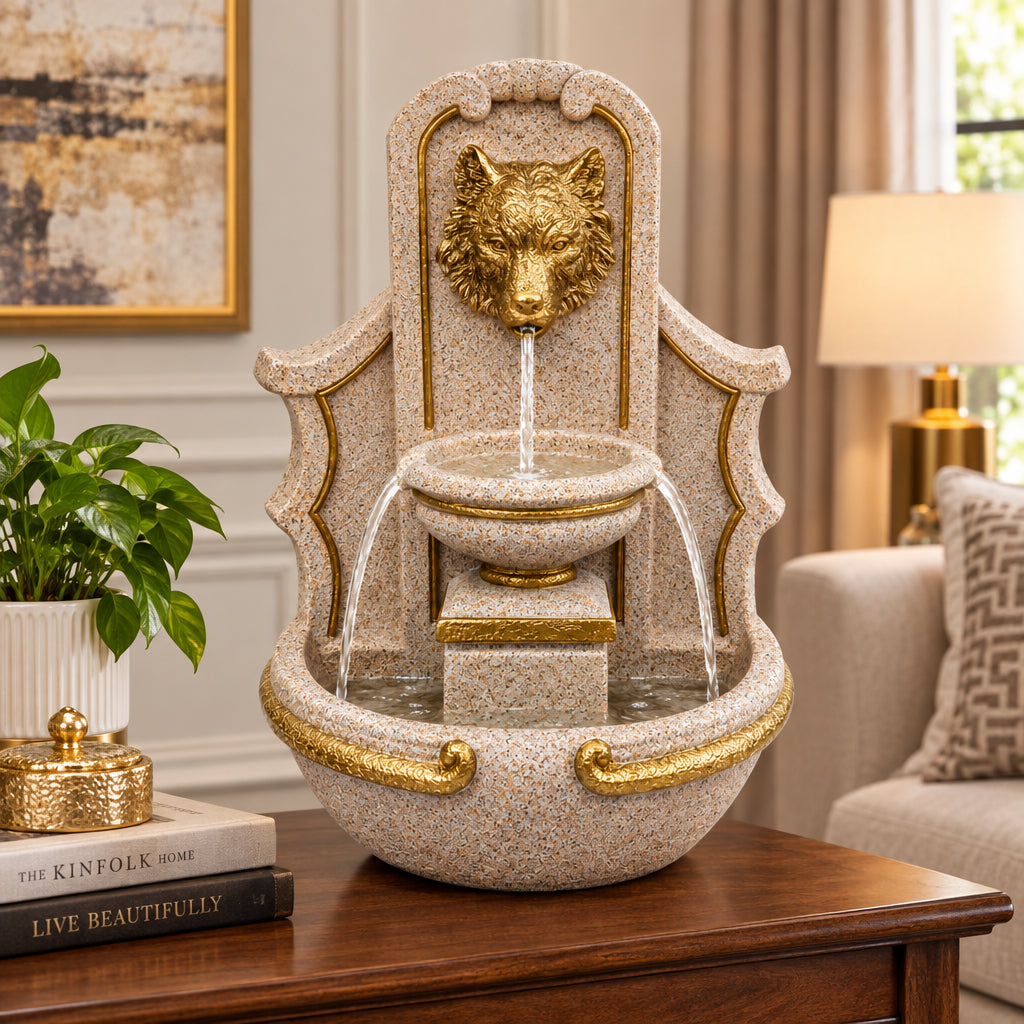Majestic Golden Wolf Head Resin Tabletop and Wall Mount Water Fountain-artycraftz.com