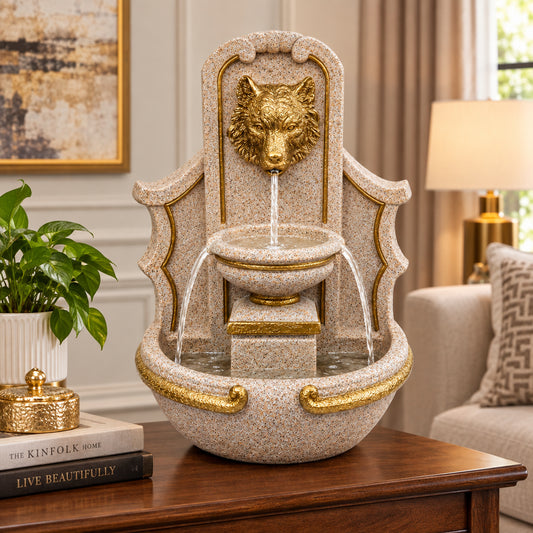 Majestic Golden Wolf Head Resin Tabletop and Wall Mount Water Fountain-artycraftz.com