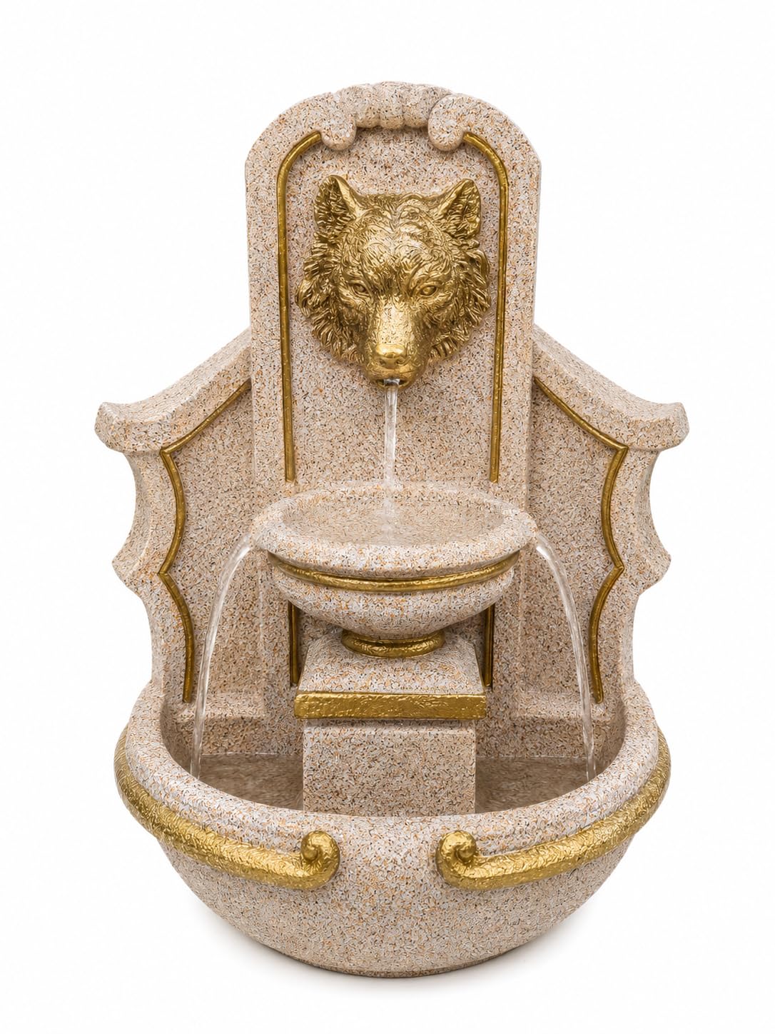 Majestic Golden Wolf Head Resin Tabletop and Wall Mount Water Fountain-artycraftz.com