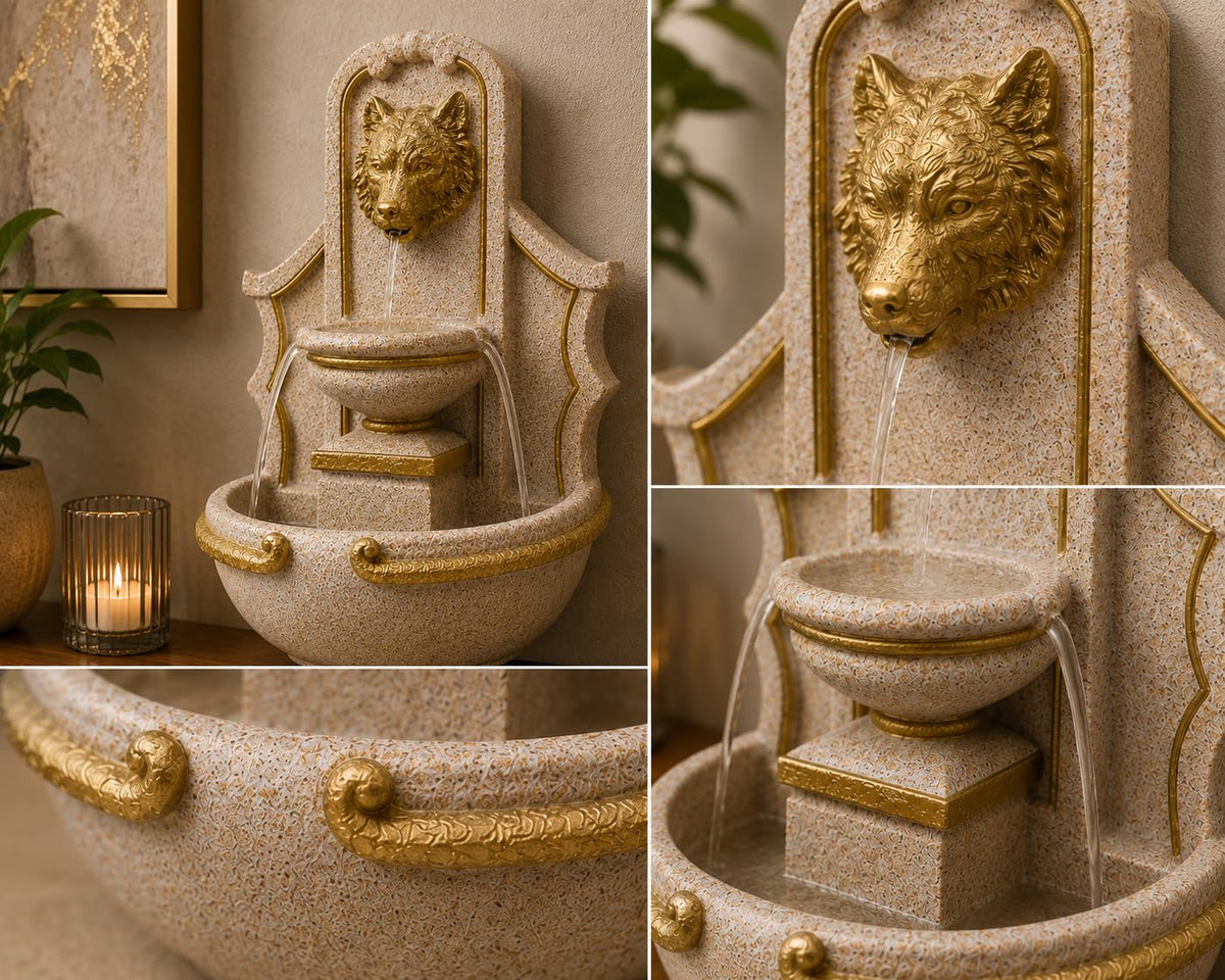 Majestic Golden Wolf Head Resin Tabletop and Wall Mount Water Fountain-artycraftz.com