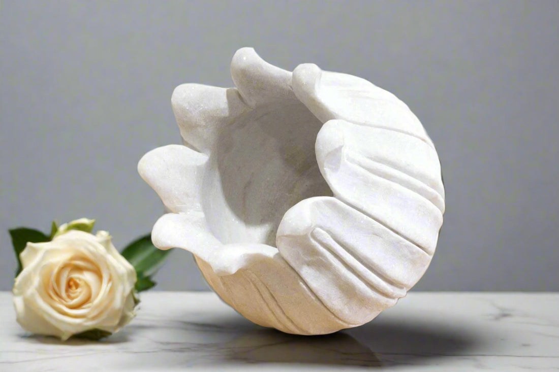 White marble shell-shaped bowl on a gray background with a white rose beside it