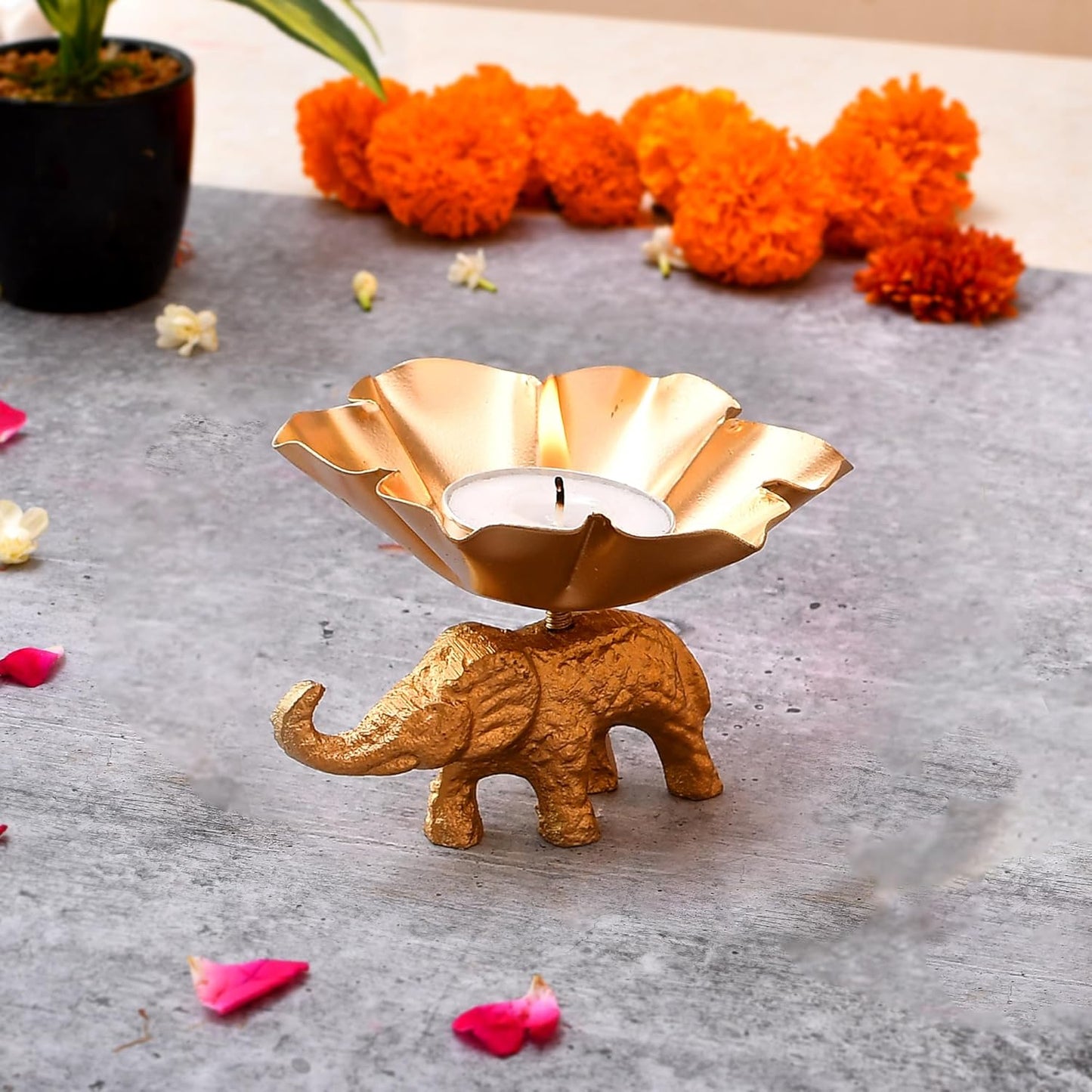 Metal Flower Shaped Tealight Candle Holder with Elephant Base