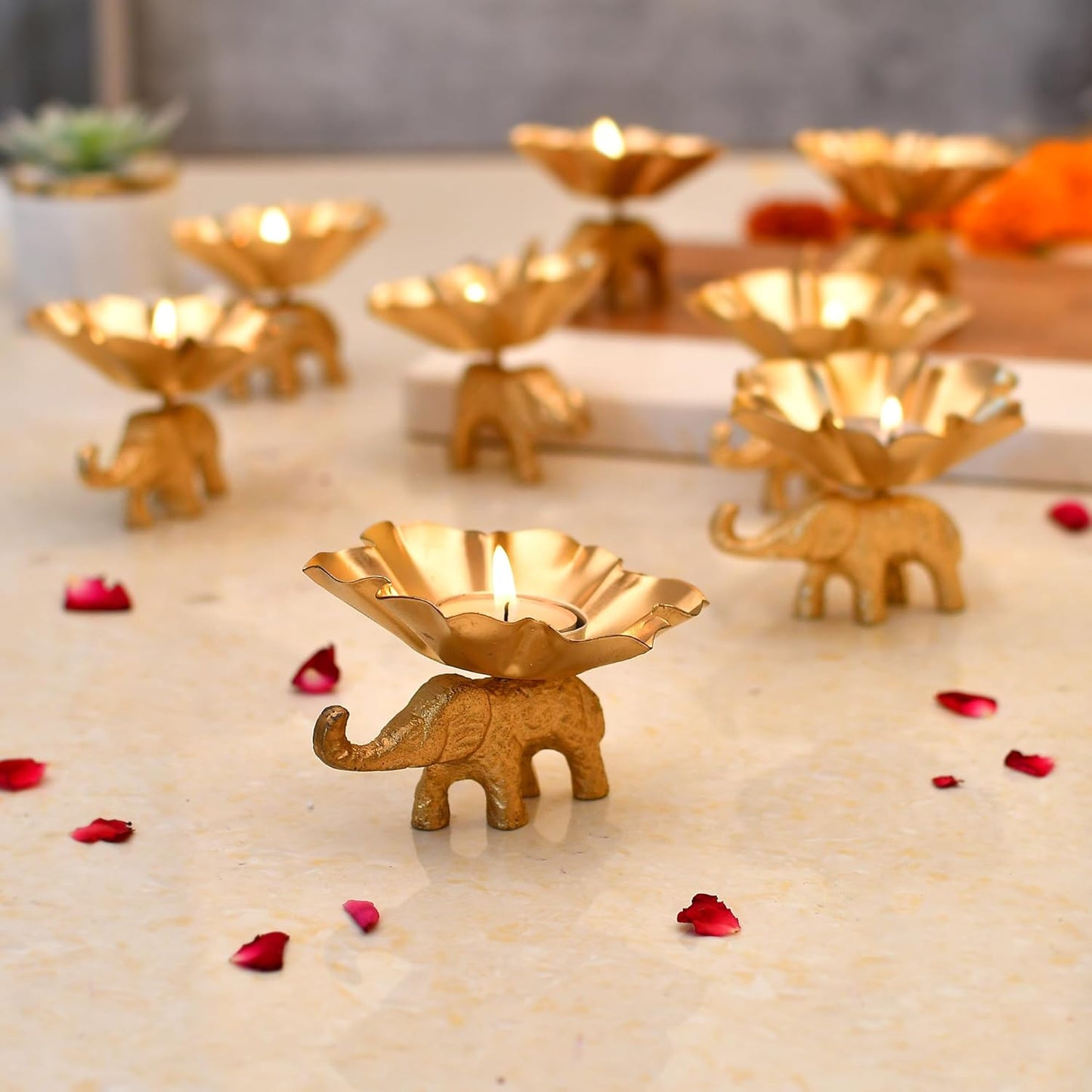 Metal Flower Shaped Tealight Candle Holder with Elephant Base