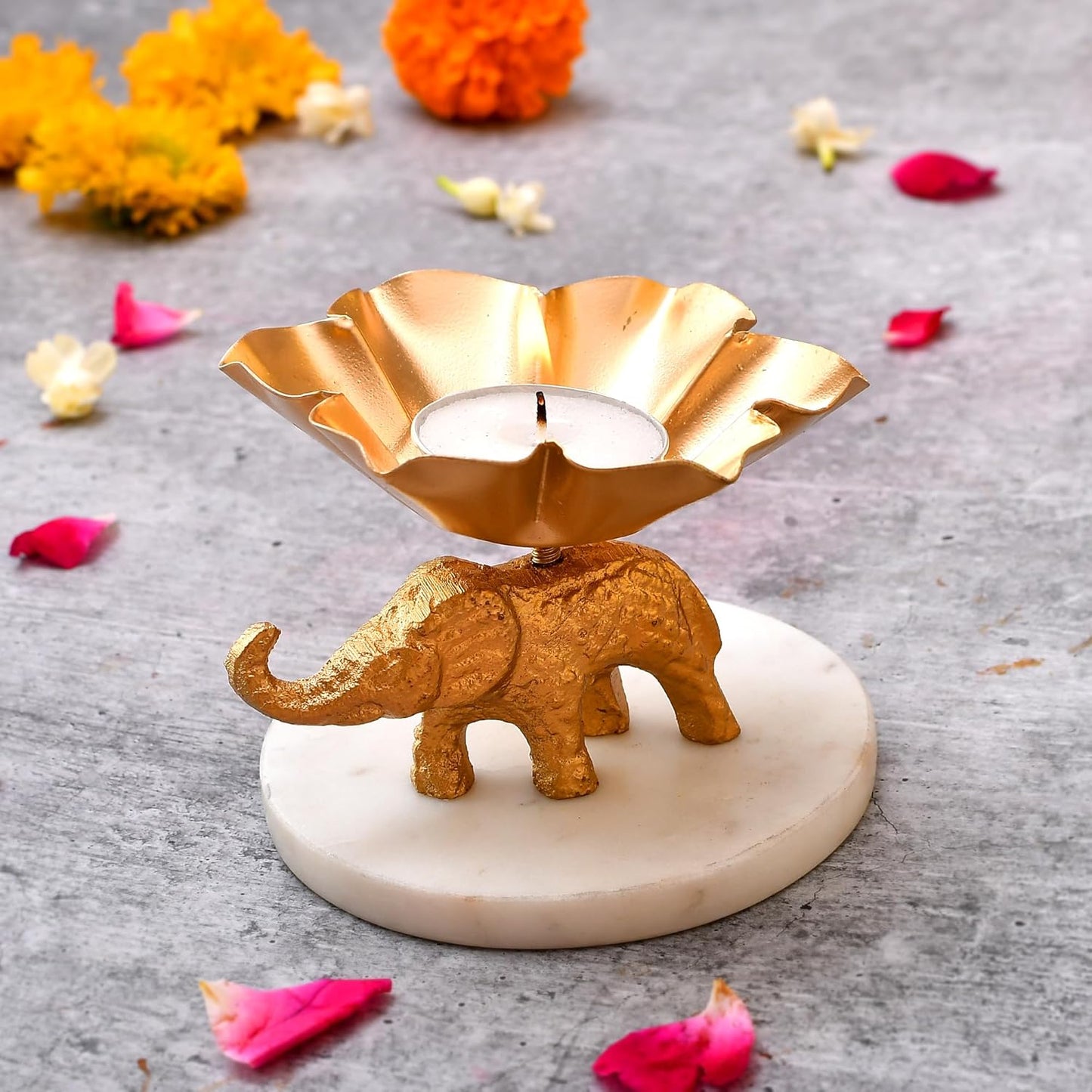 Metal Flower Shaped Tealight Candle Holder with Elephant Base