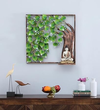 Metal Buddha Sitting Under Tree Wall Art-ArtyCraftz.com