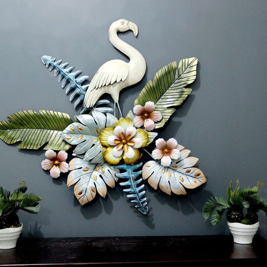 Metal Flamingo with Flowers Wall Art-ArtyCraftz.com