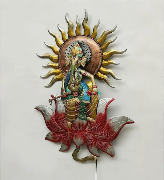 Metal Ganesha On Lotus With LED Wall Art-ArtyCraftz.com