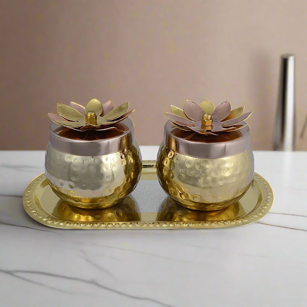 Metal Gold-Plated Dry Fruit Container Set with Flower Lid-ArtyCraftz.com