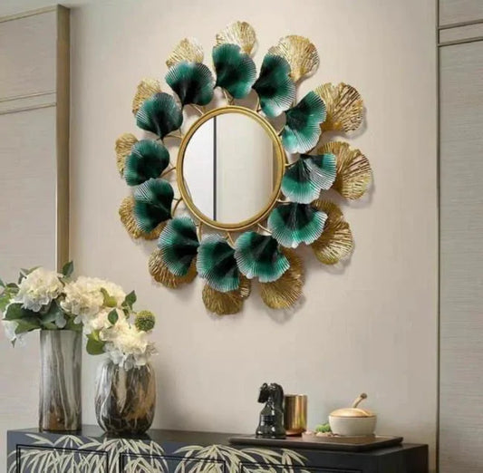 Metal Green and Golden Ginko Leaves Wall Mirror-ArtyCraftz.com