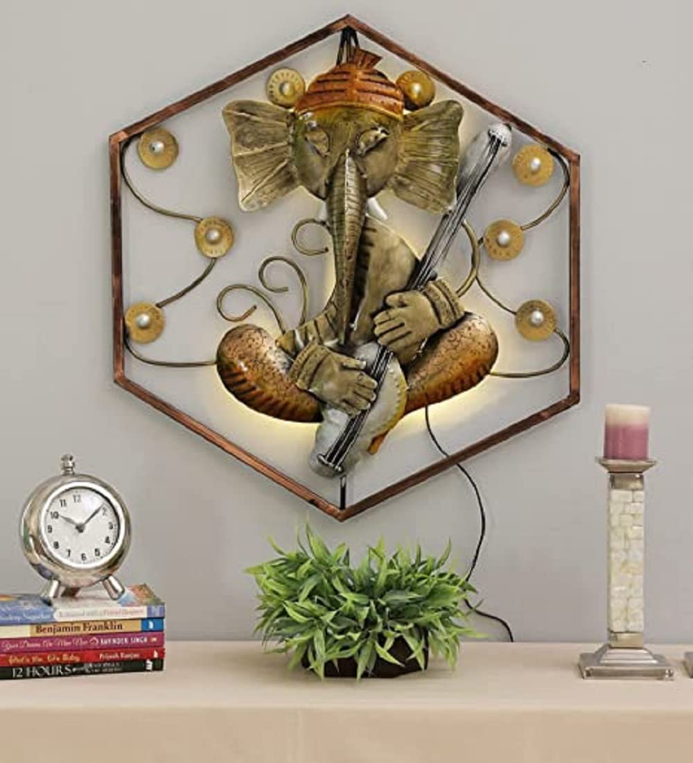 Metal Hexagonal Sitar Ganesh LED Wall Art-ArtyCraftz.com