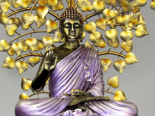 Metal Lord Buddha Statue Meditation Under Birch Tree Showpiece-ArtyCraftz.com
