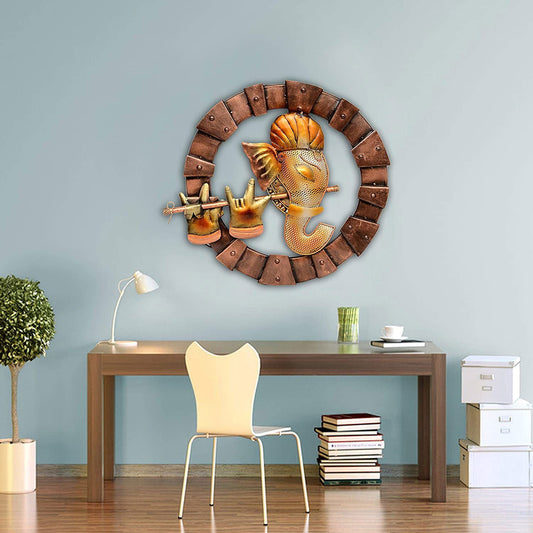 Metal Wall Mounted Lord Ganesha Playing with Flute LED Light - ArtyCraftz.com