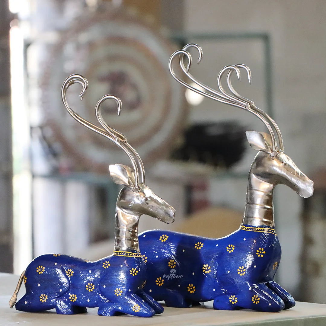 Metal and Wood Resting Deer Set Showpiece- ArtyCraftz