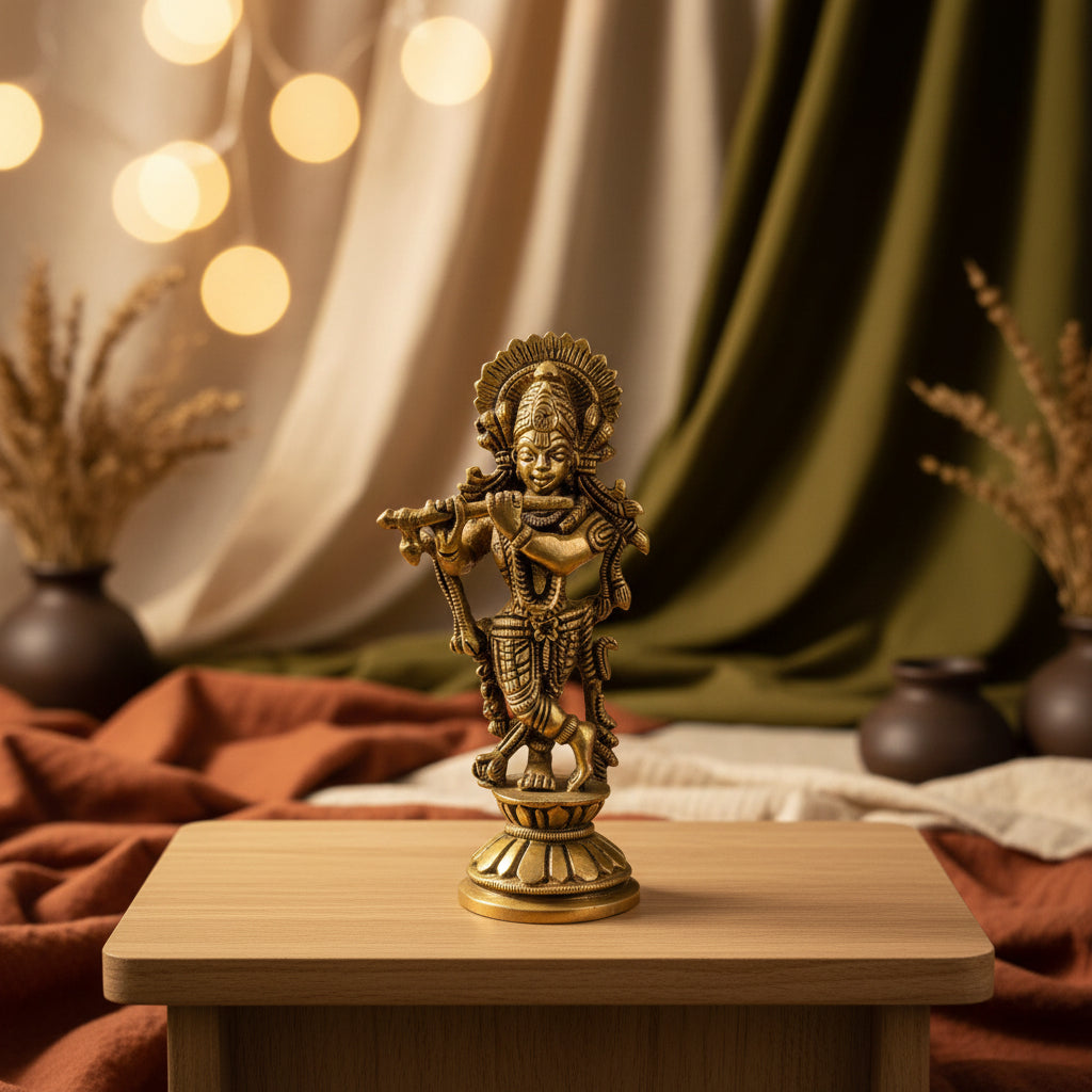 Mini Brass Krishna Flute 4.5 Inches Statue-ArtyCraftz.com