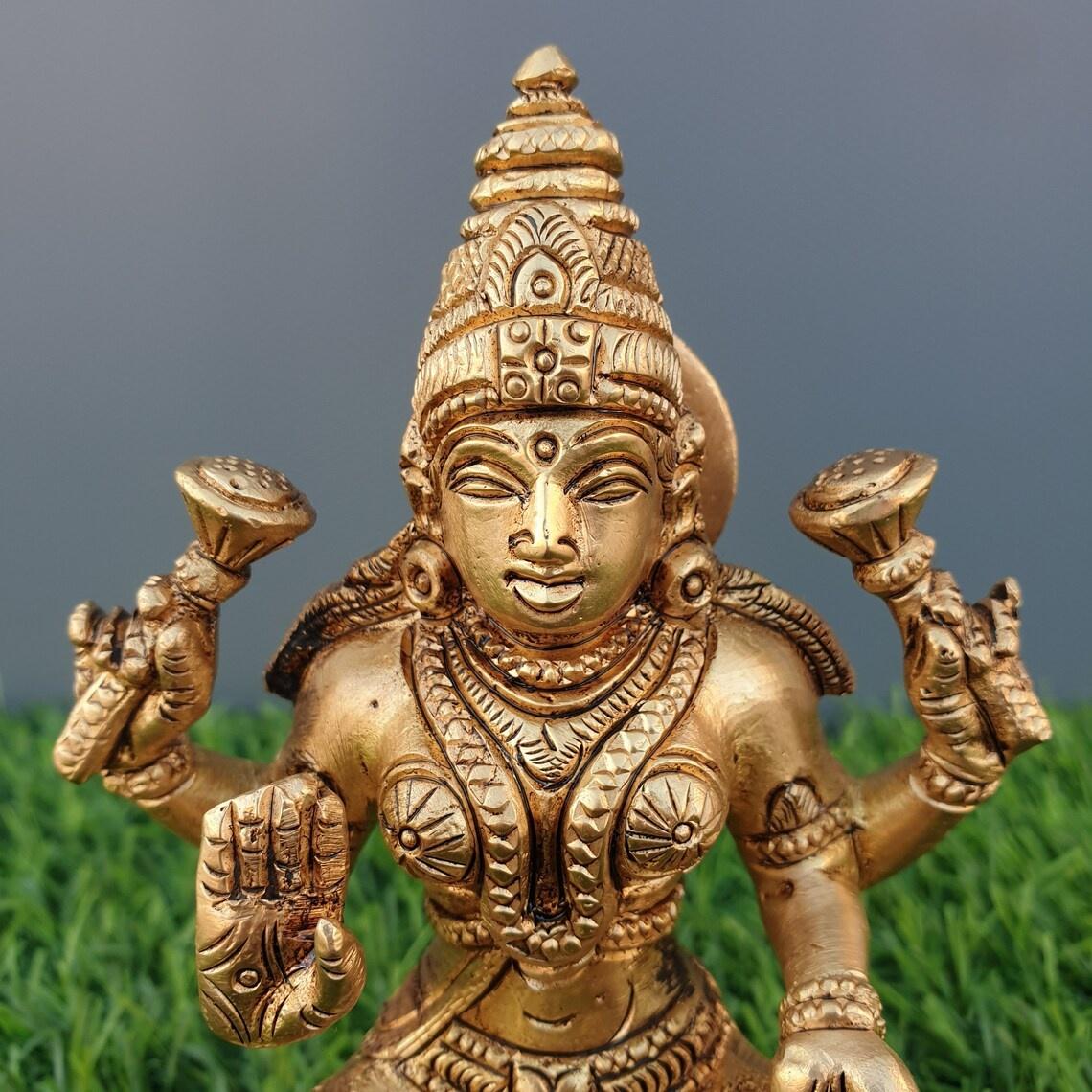 Mini Brass Lakshmi Idol 5 Inch Goddess Lakshmi Statue for Home Temple-ArtyCraftz.com
