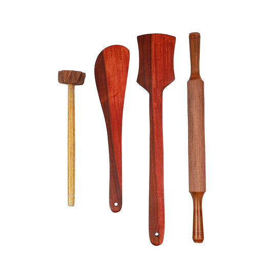Handicrafts Kitchen Utensils Set for Non Stick cookware - Dosa Turner -Frying- Rolling Pin/Hand Masher/Butter Milk Maker/Mixer Hand Blender-Wood Spatula - Pack of 4 - ArtyCraftz.com