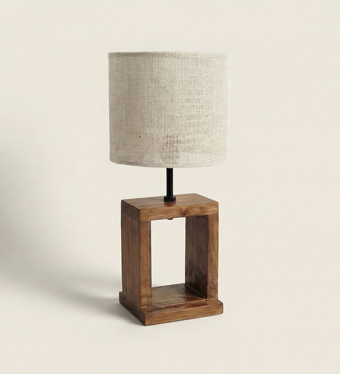 Hollow Block Pinewood Table Lamp with Woven Jute Shade-artycraftz.com