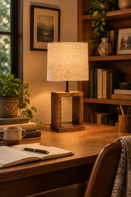 Hollow Block Pinewood Table Lamp with Woven Jute Shade-artycraftz.com