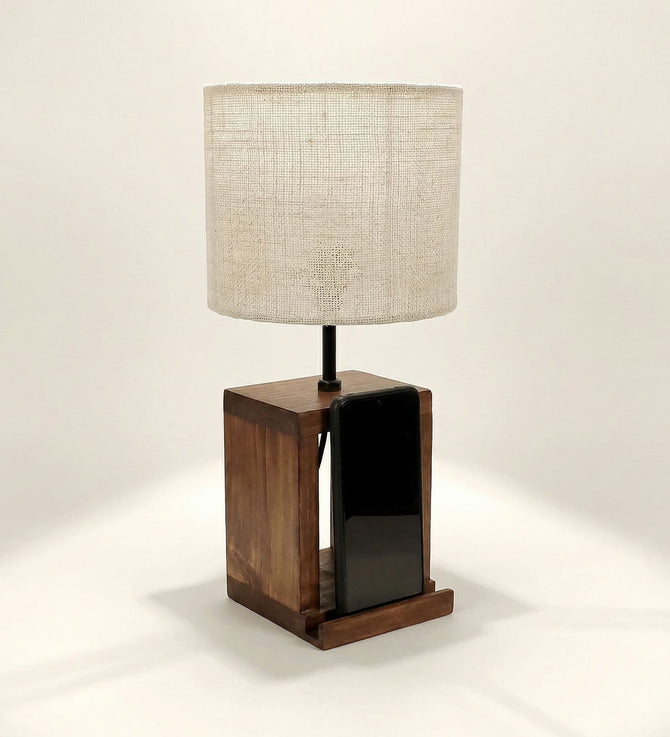 Hollow Block Pinewood Table Lamp with Woven Jute Shade-artycraftz.com