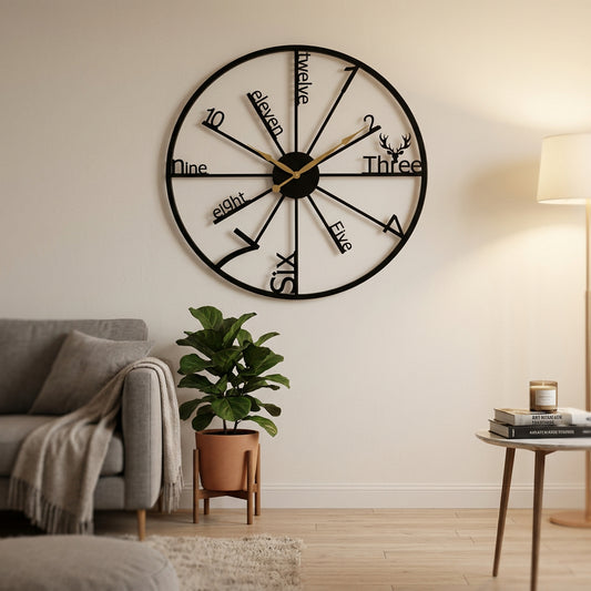 24-inch round black iron wall clock with gold-tone hands and artistic numerals-artycraftz.com