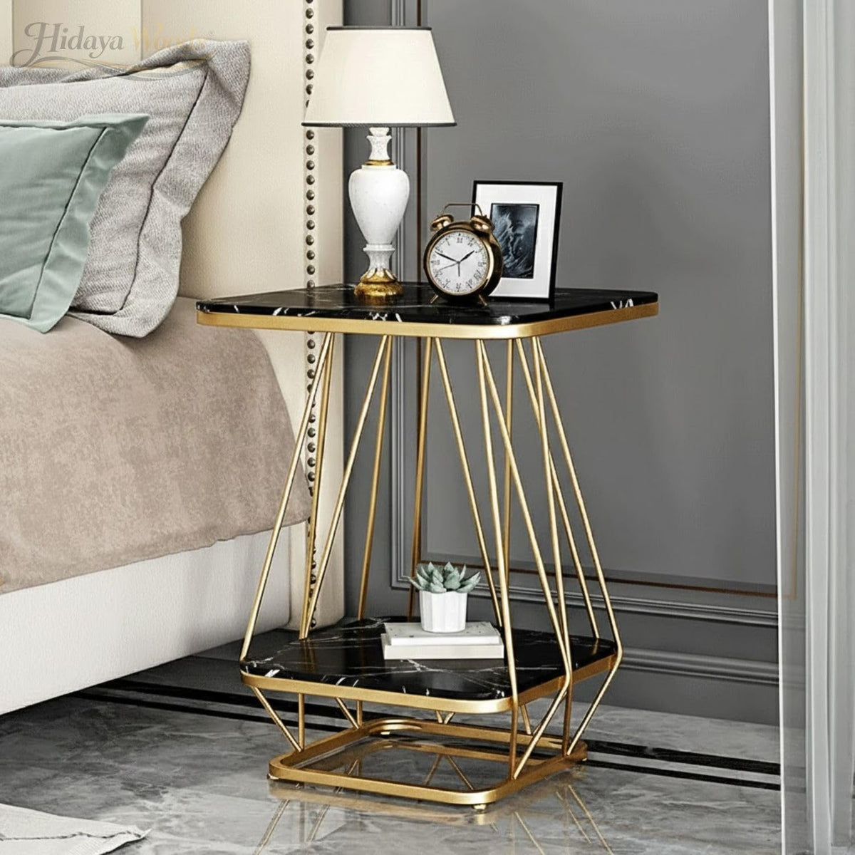 Modern 2-tier side table with powder-coated iron frame and engineered wood shelves-artycraftz.com