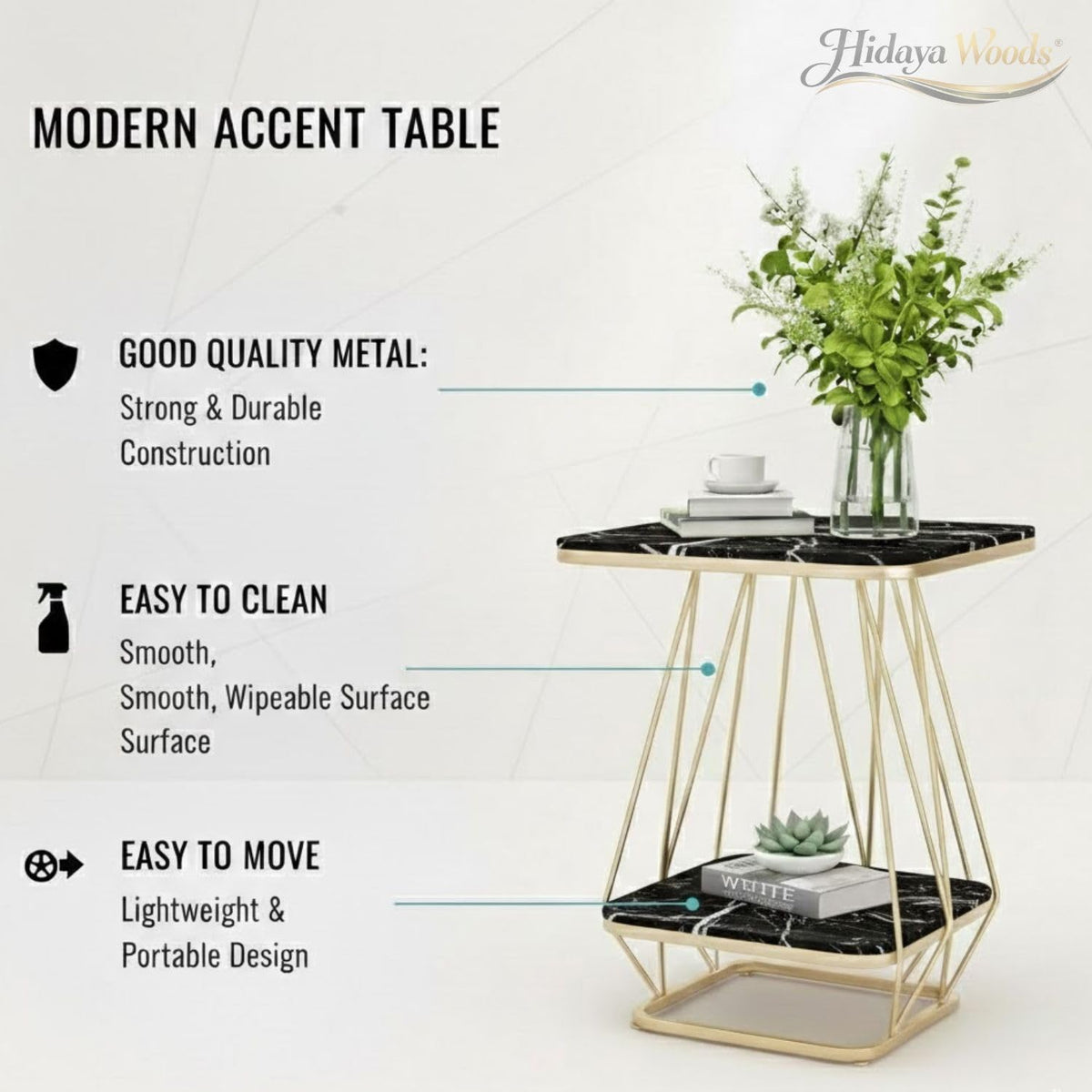 Modern 2-tier side table with powder-coated iron frame and engineered wood shelves-artycraftz.com