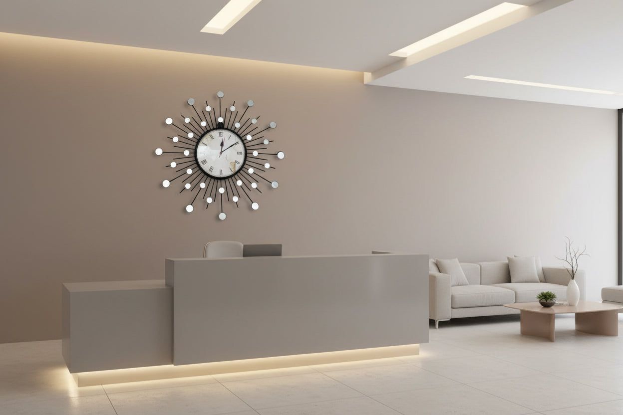 Modern Sunburst Wall Clock with Mirror Accents-ArtyCraftz.com