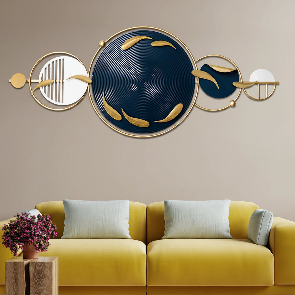 Modern blue and gold abstract fish design iron wall art with powder-coated finish-ArtyCraftz.com
