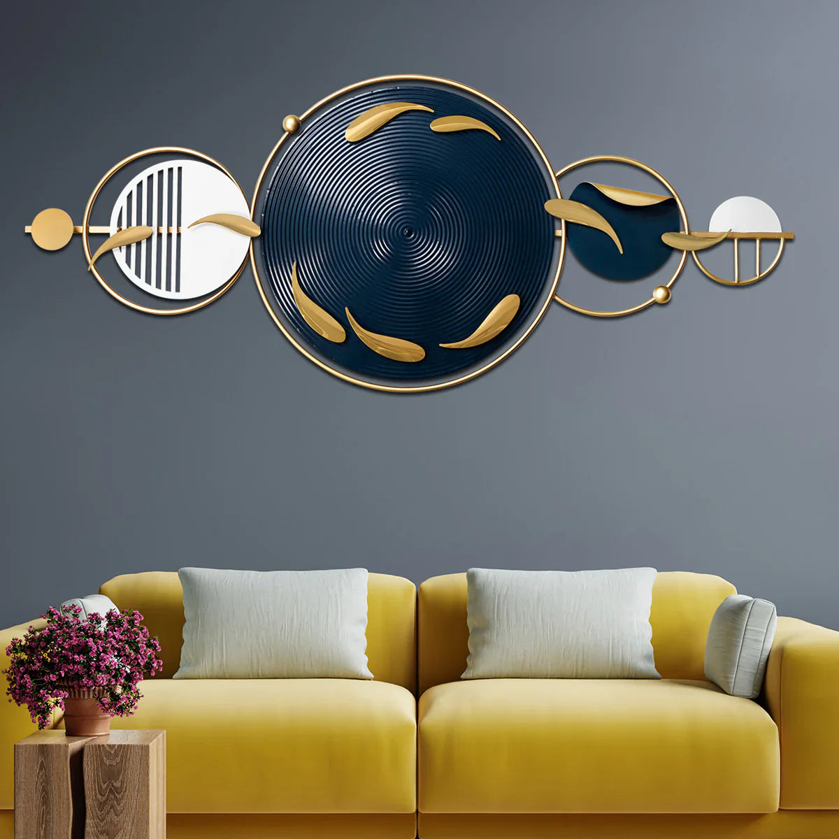 Modern blue and gold abstract fish design iron wall art with powder-coated finish-ArtyCraftz.com