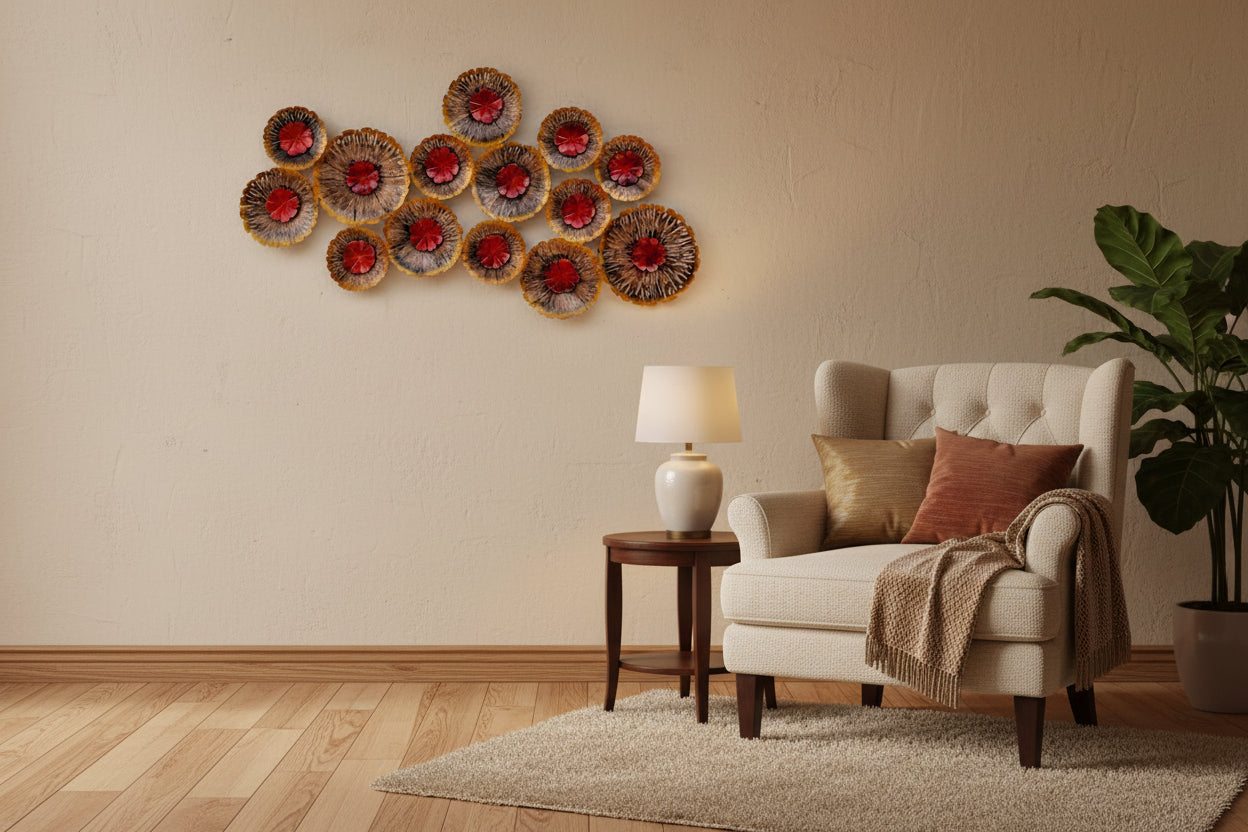 Modern floral metal wall art featuring multiple textured flowers with red centres-ArtyCraftz.com