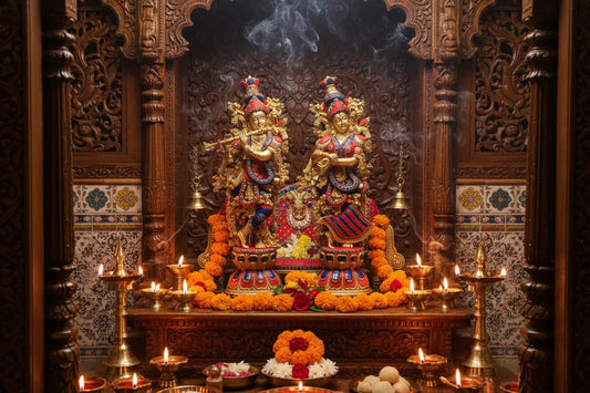 Monumental 29-inch solid brass Radha Krishna idol pair — vibrant coral red and lapis blue stone inlay garments with gold scrollwork, flute-playing Krishna and standing Radha on stone-inlaid lotus bases — ArtyCraftz