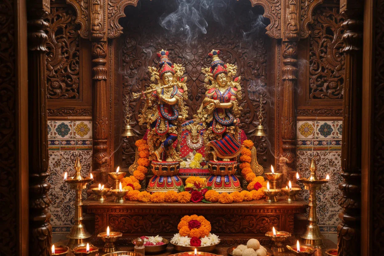 Monumental 29-inch solid brass Radha Krishna idol pair — vibrant coral red and lapis blue stone inlay garments with gold scrollwork, flute-playing Krishna and standing Radha on stone-inlaid lotus bases — ArtyCraftz