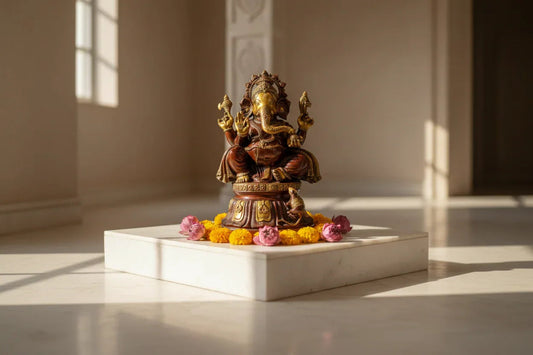 Monumental 33-inch solid brass Ganesha idol seated on ornate throne with two-tone antique finish, 46 kg handcrafted temple statue — ArtyCraftz