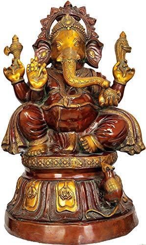 Monumental 33-inch solid brass Ganesha idol seated on ornate throne with two-tone antique finish, 46 kg handcrafted temple statue — ArtyCraftz