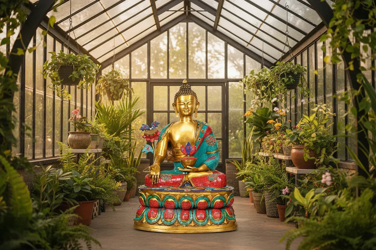 Monumental 38-inch solid brass Medicine Buddha idol with extensive turquoise and coral stone inlay on robe and lotus base, holding healing herb and lapis bowl — temple-grade Tibetan statue — ArtyCraftz