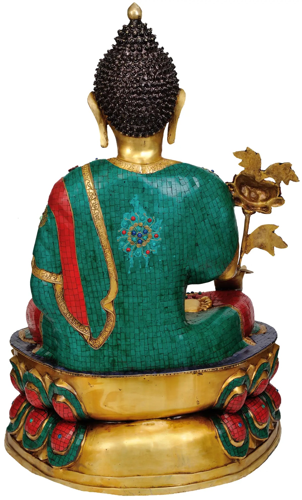 Monumental 38-inch solid brass Medicine Buddha idol with extensive turquoise and coral stone inlay on robe and lotus base, holding healing herb and lapis bowl — temple-grade Tibetan statue — ArtyCraftz