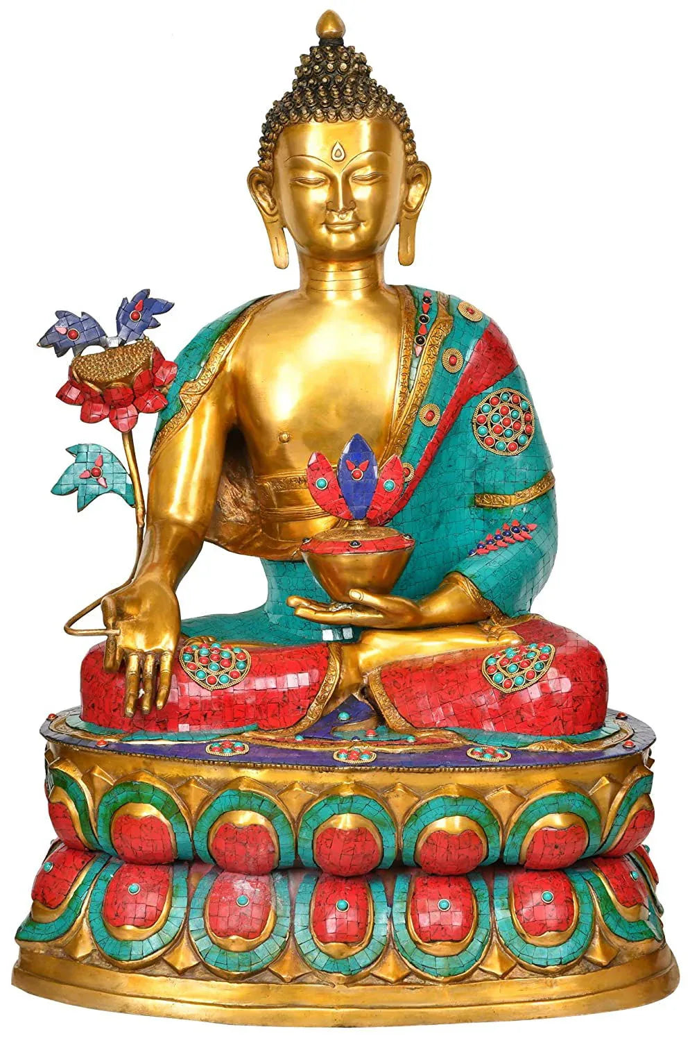 Monumental 38-inch solid brass Medicine Buddha idol with extensive turquoise and coral stone inlay on robe and lotus base, holding healing herb and lapis bowl — temple-grade Tibetan statue — ArtyCraftz