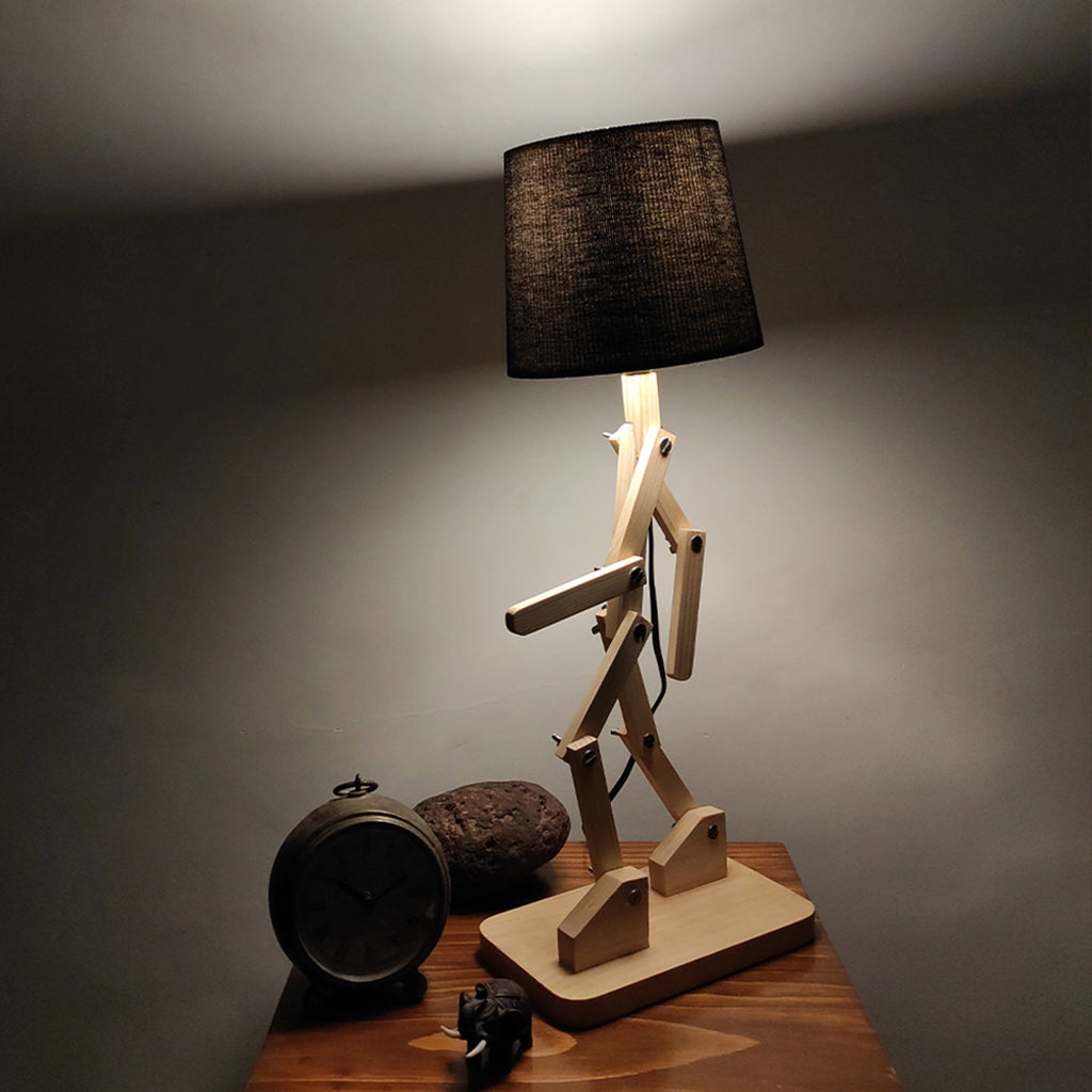 Moonwalker Beige Wooden Table Lamp with Black Fabric Lampshade