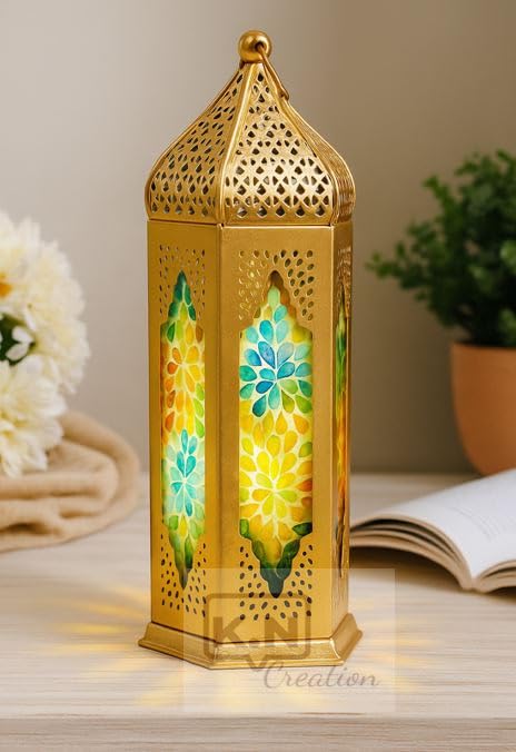 Moroccan Iron Hanging Lanterns with Multicolor Glass Panel-ArtyCraftz.com