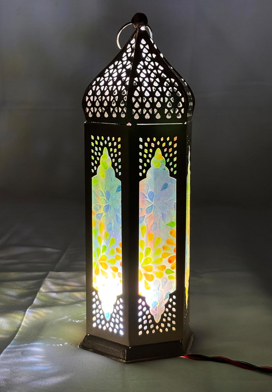 Moroccan Iron Hanging Lanterns with Multicolor Glass Panel-ArtyCraftz.com